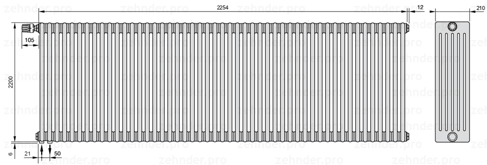 Схема (чертеж) Радиатор Zehnder Charleston 6220/49 №V001 Белый глянцевый RAL 9016